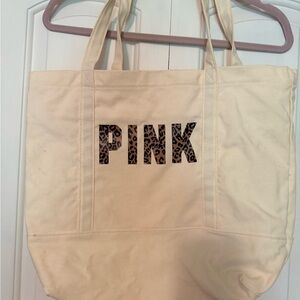 PINK Victoria's Secret Beige Tote with Leopard Print Logo